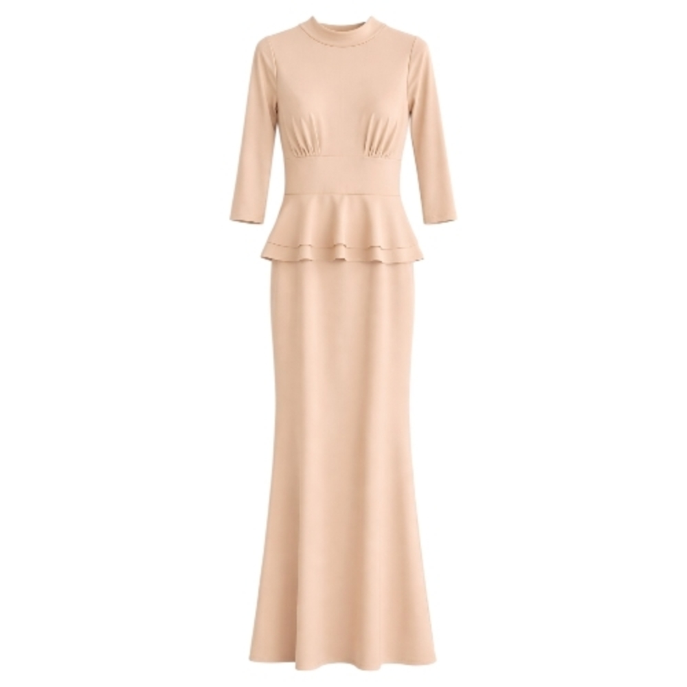 Chiara Boni Nude/Sand/Beige Italy Peplum Maxi Dress Stretch Fitted Elegant Gown - Picture 7 of 13